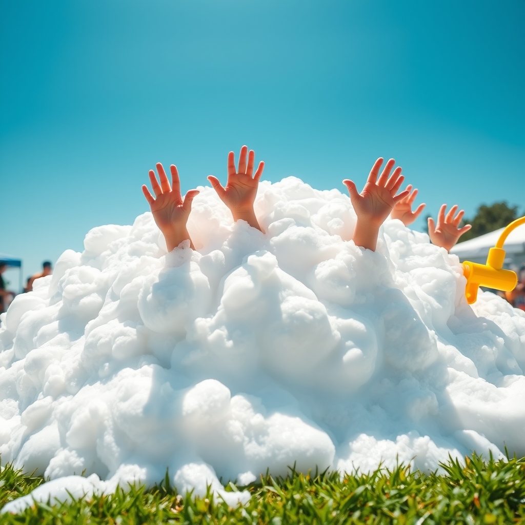 Mountain of white foam with children's hands reaching up out of it on a sunny day