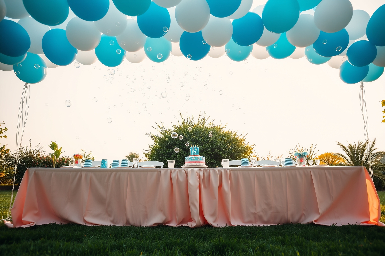 Backyard bubble party scene with balloon arch and cake table