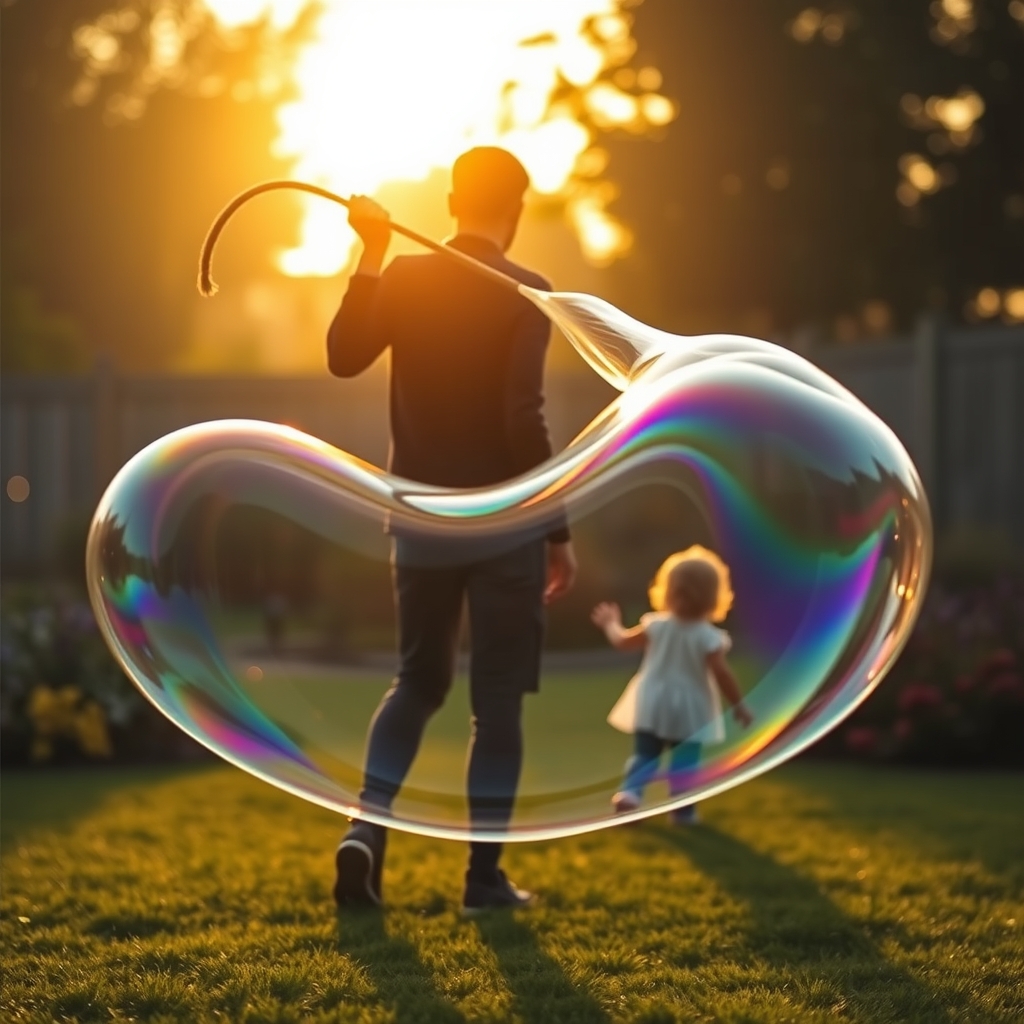 Adult silhouette making a giant elongated bubble in a garden at golden hour