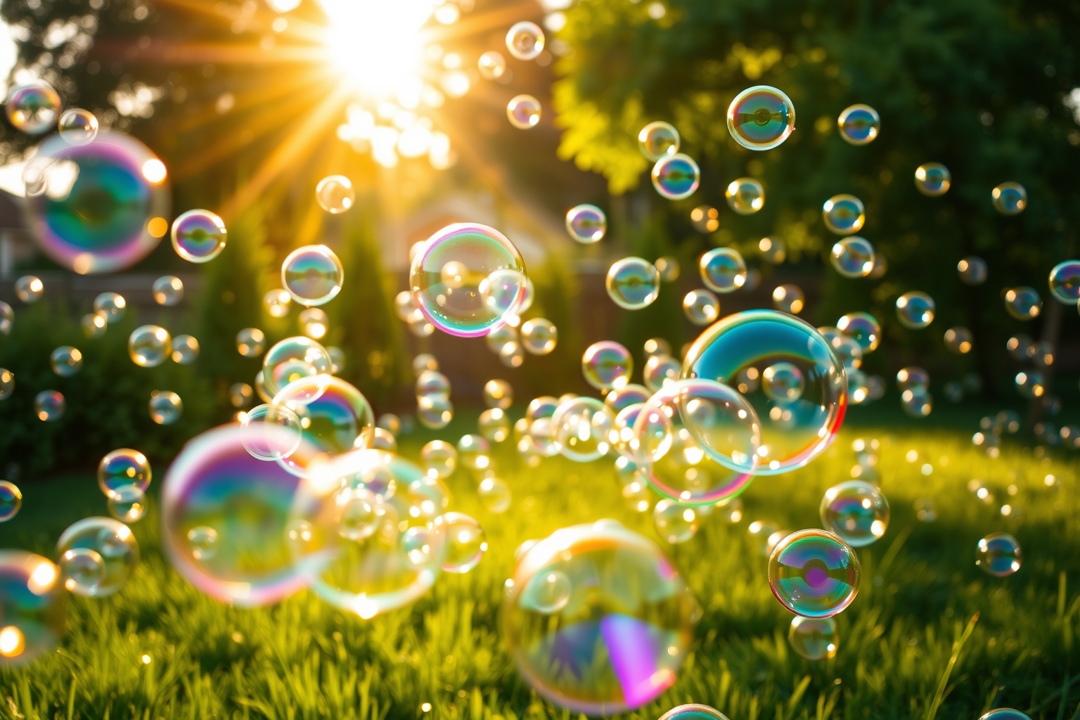 Iridescent bubbles drifting through a sunlit garden at golden hour
