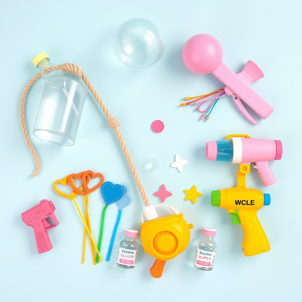 Bubble party supplies arranged neatly on a pastel background