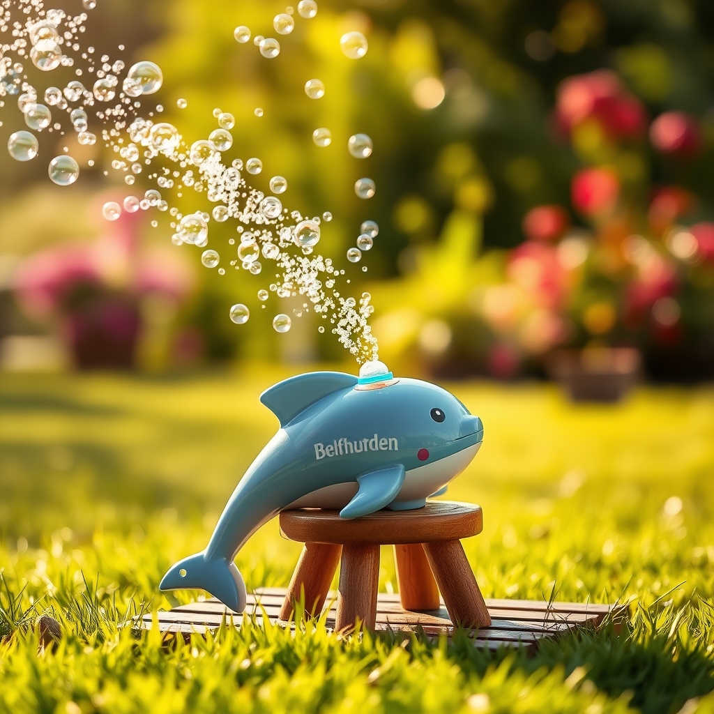 A bubble machine on a table producing a dense stream of bubbles in a garden