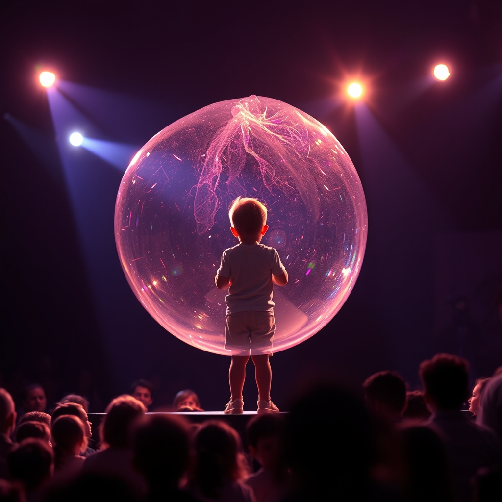 Child inside a giant pink bubble at a professional bubble show
