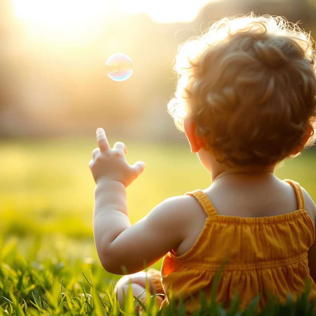 Toddler reaching toward a floating bubble from behind